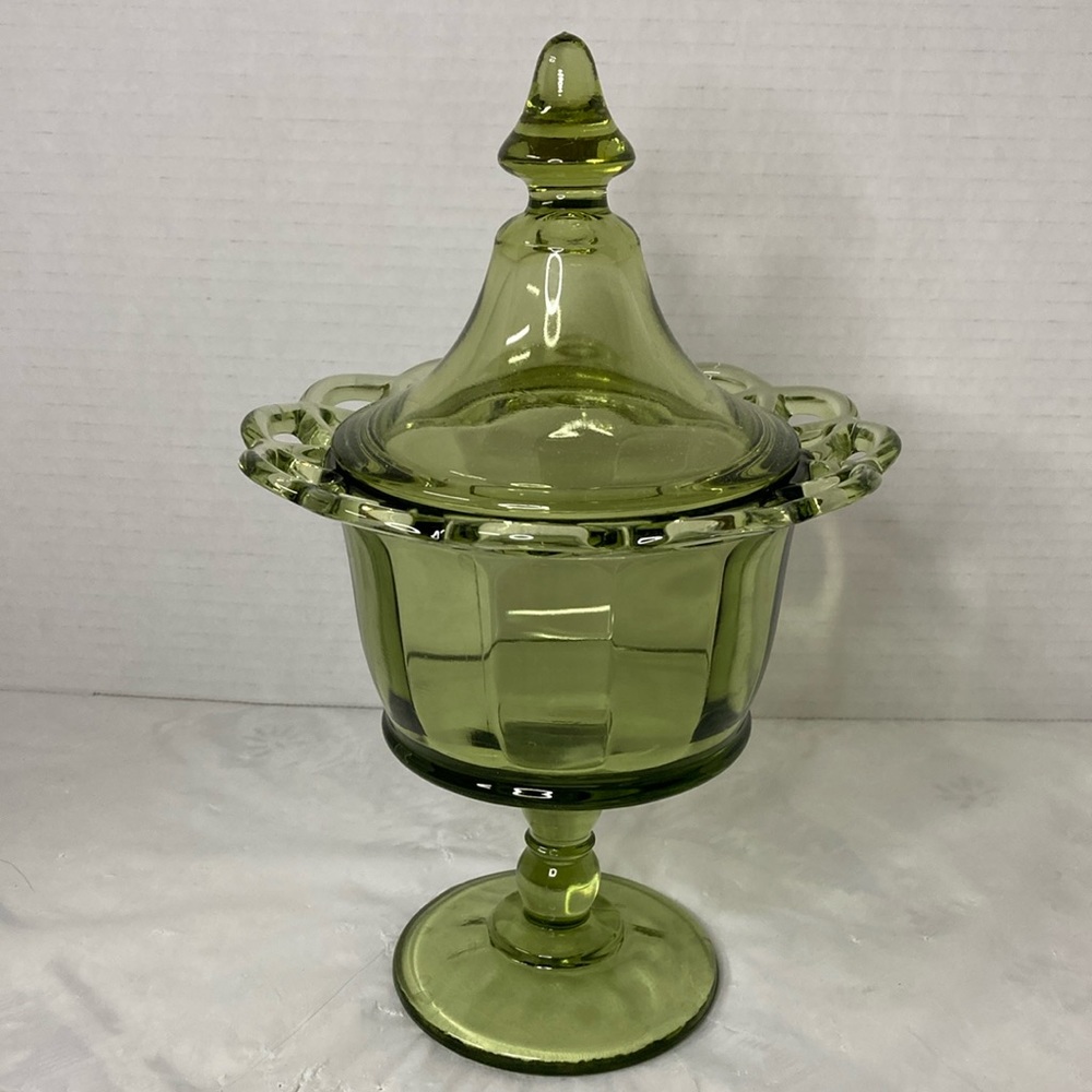 Vintage Imperial Glass Open Lace Edged Green Pedestal Lidded Candy Trinket Dish